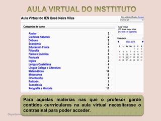 Para aquelas materias nas que o profesor garde
contidos currriculares na aula virtual necesitarase o
contrasinal para poder acceder.
Departamento de Orientación
 