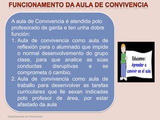 A aula de Convivencia é atendida polo
profesorado de garda e ten unha dobre
función:
1. Aula de convivencia como aula de
reflexión para o alumnado que impide
o normal desenvolvemento do grupo
clase, para que analice as súas
conductas disruptivas e se
comprometa ó cambio.
2. Aula de convivencia como aula de
traballo para desenvolver as tarefas
curriculares que lle sexan indicadas
polo profesor de área, por estar
afastado da aula
Departamento de Orientación
 