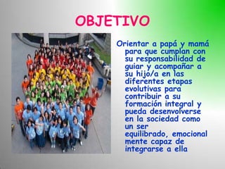 OBJETIVO
    Orientar a papá y mamá
      para que cumplan con
      su responsabilidad de
      guiar y acompañar a
      su hijo/a en las
      diferentes etapas
      evolutivas para
      contribuir a su
      formación integral y
      pueda desenvolverse
      en la sociedad como
      un ser
      equilibrado, emocional
      mente capaz de
      integrarse a ella
 