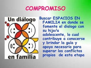 COMPROMISO
   Buscar ESPACIOS EN
     FAMILIA en donde se
     fomente el dialogo con
     su hijo/a
     adolescente, lo cual
     contribuye a conocerse
     y brindar la guía y
     apoyo necesario para
     superar los conflictos
     propios de esta etapa
 