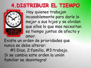 Hay quienes trabajan
            incasablemente para darle lo
            mejor a sus hijos y se olvidan
            que ellos lo que mas necesitan
            es tiempo juntos de afecto y
            amor.
Existe un orden de prioridades que
nunca se debe alterar:
   #1:Dios, 2:familia, #3:trabajo.
Si se cambia este orden la unión
familiar se desintegra!
 