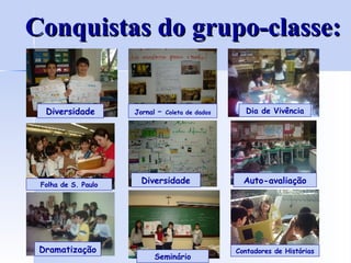 Conquistas do grupo-classe: Diversidade Jornal  –  Coleta de dados Dia de Vivência Folha de S. Paulo Diversidade Auto-avaliação Dramatização Seminário Contadores de Histórias 