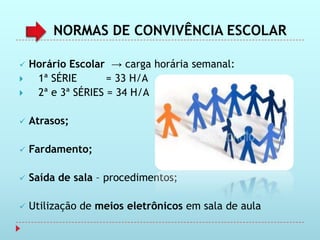 NORMAS DE CONVIVÊNCIA ESCOLAR

   Horário Escolar → carga horária semanal:
    1ª SÉRIE       = 33 H/A
    2ª e 3ª SÉRIES = 34 H/A

   Atrasos;

   Fardamento;

   Saída de sala – procedimentos;

   Utilização de meios eletrônicos em sala de aula
 