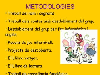 METODOLOGIES Treball del nom i cognoms Treball dels contes amb desdoblament del grup. Desdoblament del grup per fer informàtica i anglès.  Racons de joc internivell. Projecte de descoberta. El Llibre viatger. El Libre de lectura. Treball de consciència fonològica. 