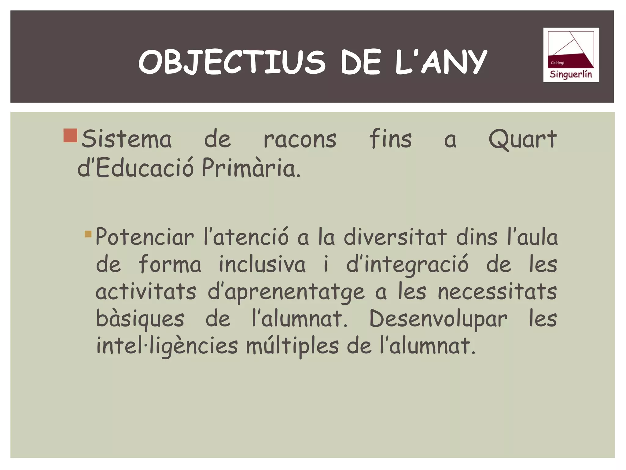 OBJECTIUS DE L’ANY 
Sistema de racons fins a Quart 
d’Educació Primària. 
Potenciar l’atenció a la diversitat dins l’aula 
de forma inclusiva i d’integració de les 
activitats d’aprenentatge a les necessitats 
bàsiques de l’alumnat. Desenvolupar les 
intel·ligències múltiples de l’alumnat. 
 