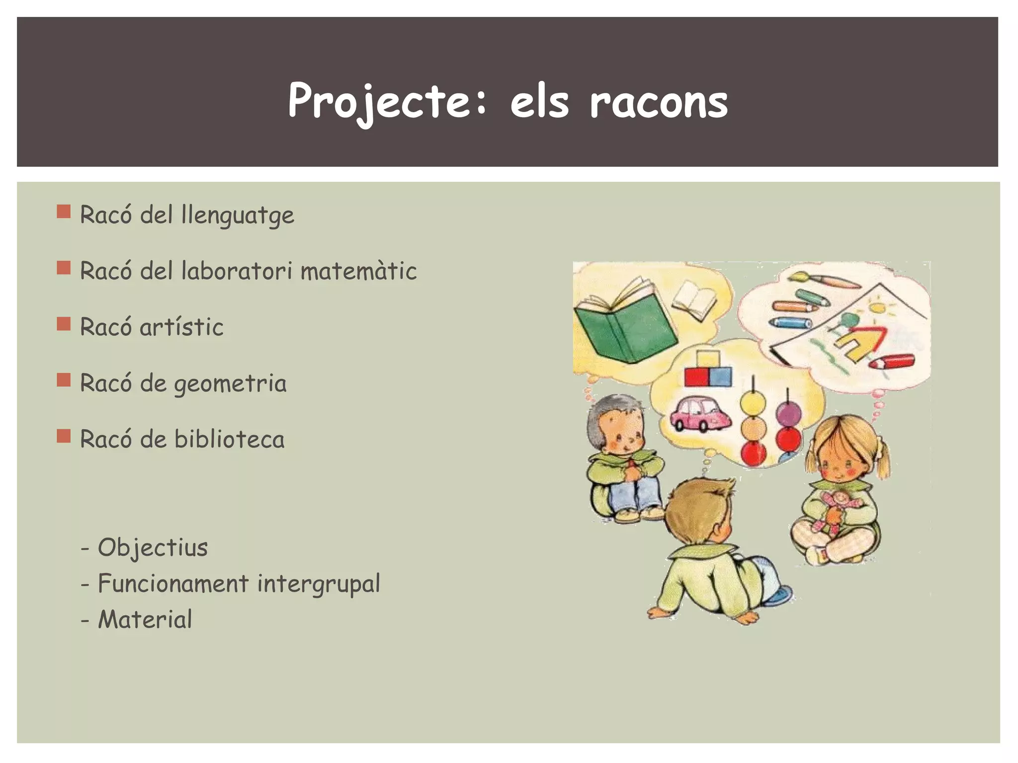 Projecte: els racons 
 Racó del llenguatge 
 Racó del laboratori matemàtic 
 Racó artístic 
 Racó de geometria 
 Racó de biblioteca 
- Objectius 
- Funcionament intergrupal 
- Material 
 