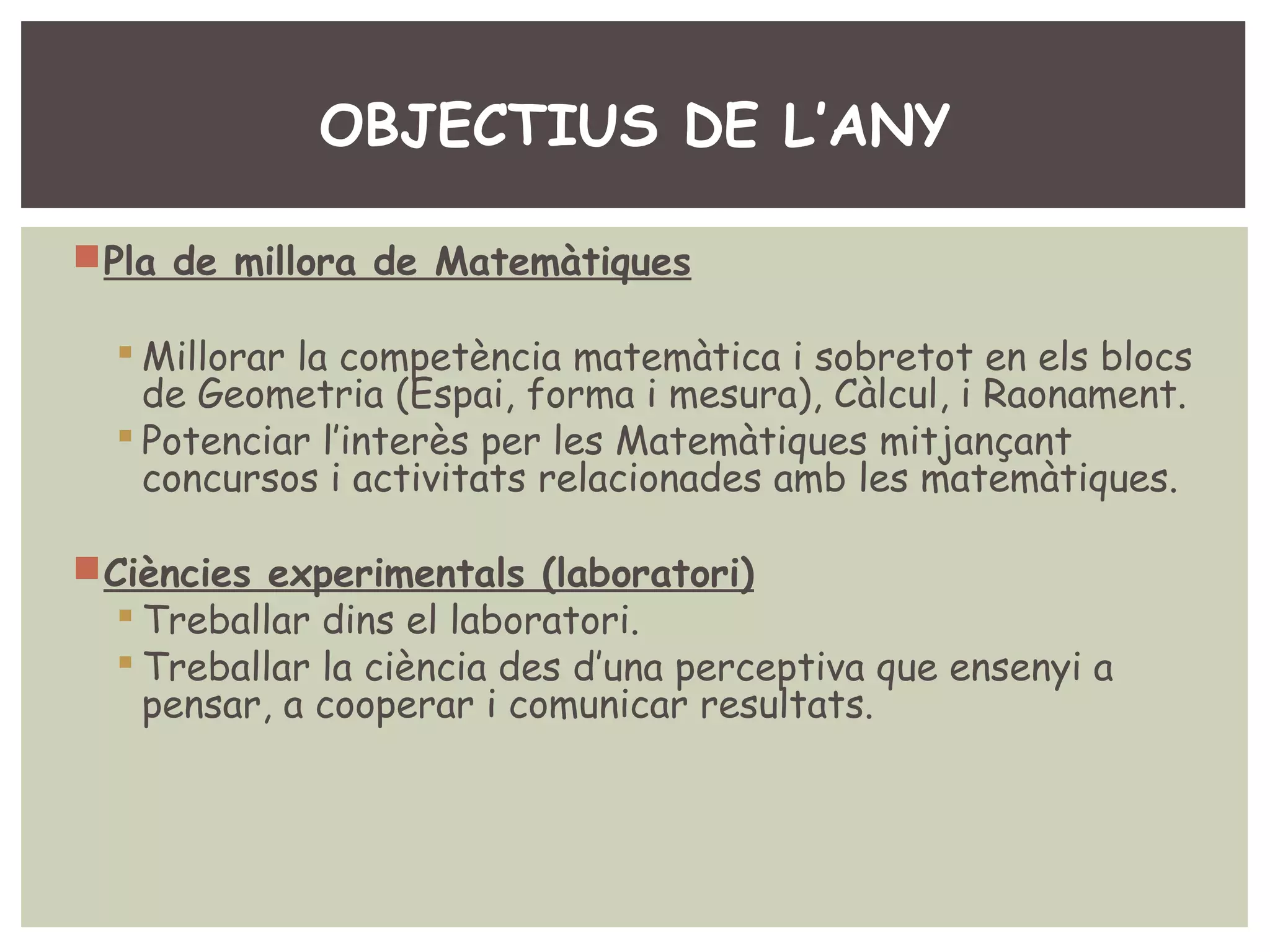 OBJECTIUS DE L’ANY 
Pla de millora de Matemàtiques 
Millorar la competència matemàtica i sobretot en els blocs 
de Geometria (Espai, forma i mesura), Càlcul, i Raonament. 
 Potenciar l’interès per les Matemàtiques mitjançant 
concursos i activitats relacionades amb les matemàtiques. 
Ciències experimentals (laboratori) 
 Treballar dins el laboratori. 
 Treballar la ciència des d’una perceptiva que ensenyi a 
pensar, a cooperar i comunicar resultats. 
 
