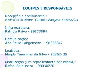 EQUIPES E RESPONSÁVEIS  Recepção e acolhimento : ANFRITRIÃ EMEF  Getúlio Vargas: 34692733  Infra estrutura: Patrícia Paiva - 99373894  Comunicação:  Ana Paula Langemann  - 98336847 Logística:  Magda Teresinha da Silva - 92862425 Mobilização (um representante por escola):  Rafael Baldissera  - 99030220 