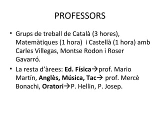 PROFESSORS 
• Grups de treball de Català (3 hores), 
Matemàtiques (1 hora) i Castellà (1 hora) amb 
Carles Villegas, Montse Rodon i Roser 
Gavarró. 
• La resta d’àrees: Ed. Físicaprof. Mario 
Martín, Anglès, Música, Tac prof. Mercè 
Bonachi, OratoriP. Hellin, P. Josep. 
 