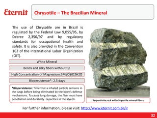 32
Serpentinite rock with chrysotile mineral fibers
White Mineral
Bends and silky fibers without tip
High Concentration of Magnesium:3MgOSiO2H2O
Biopersistence*: 2.5 days
*Biopersistence: Time that a inhaled particle remains in
the lungs before being eliminated by the body’s defense
mechanisms. To cause lung damage, the fiber must have
penetration and durability capacities in the alveoli.
Chrysotile – The Brazilian Mineral
The use of Chrysotile ore in Brazil is
regulated by the Federal Law 9,055/95, by
Decree 2,350/97 and by regulatory
standards for occupational health and
safety. It is also provided in the Convention
162 of the International Labor Organization
(OIT).
For further information, please visit: http://www.eternit.com.br/ir
 