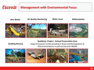Management with Environmental Focus
Quelônios Project - Animal Preservation Area
Single Amazonian turtles breeding in Brazil and Reintegration of
Wild Animal Nature in partnership with IBAMA
Zero Waste Air Quality Monitoring Water reuse Reflorestation
Seedling Nursery
35
 