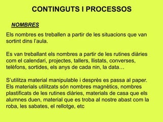 CONTINGUTS I PROCESSOS
NOMBRES
Els nombres es treballen a partir de les situacions que van
sortint dins l’aula.
Es van treballant els nombres a partir de les rutines diàries
com el calendari, projectes, tallers, llistats, converses,
telèfons, sortides, els anys de cada nin, la data…
S’utilitza material manipulable i desprès es passa al paper.
Els materials utilitzats són nombres magnètics, nombres
plastificats de les rutines diàries, materials de casa que els
alumnes duen, material que es troba al nostre abast com la
roba, les sabates, el rellotge, etc
 