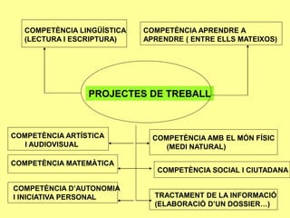 PROJECTES DE TREBALL
COMPETÈNCIA LINGÜÍSTICA
(LECTURA I ESCRIPTURA)
COMPETÈNCIA MATEMÀTICA
COMPETÈNCIA ARTÍSTICA
I AUDIOVISUAL
COMPETÈNCIA APRENDRE A
APRENDRE ( ENTRE ELLS MATEIXOS)
COMPETÈNCIA D’AUTONOMIA
I INICIATIVA PERSONAL
COMPETÈNCIA AMB EL MÓN FÍSIC
(MEDI NATURAL)
COMPETÈNCIA SOCIAL I CIUTADANA
TRACTAMENT DE LA INFORMACIÓ
(ELABORACIÓ D’UN DOSSIER…)
 