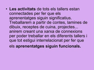 • Les activitats de tots els tallers estan
connectades per fer que els
aprenentatges siguin significatius.
Treballarem a partir de contes, lamines de
dibuix, receptes de cuina, projectes...
anirem creant una xarxa de connexions
per poder treballar en els diferents tallers i
que tot estigui interrelacionat per fer que
els aprenentatges siguin funcionals.
 