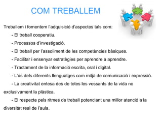 Treballem i fomentem l’adquisició d’aspectes tals com:
- El treball cooperatiu.
- Processos d’investigació.
- El treball per l’assoliment de les competències bàsiques.
- Facilitar i ensenyar estratègies per aprendre a aprendre.
- Tractament de la informació escrita, oral i digital.
- L’ús dels diferents llenguatges com mitjà de comunicació i expressió.
- La creativitat entesa des de totes les vessants de la vida no
exclusivament la plàstica.
- El respecte pels ritmes de treball potenciant una millor atenció a la
diversitat real de l’aula.
COM TREBALLEM
 