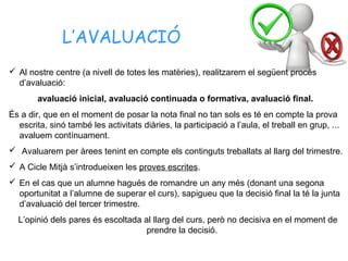 L’AVALUACIÓ
 Al nostre centre (a nivell de totes les matèries), realitzarem el següent procés
d’avaluació:
avaluació inicial, avaluació continuada o formativa, avaluació final.
És a dir, que en el moment de posar la nota final no tan sols es té en compte la prova
escrita, sinó també les activitats diàries, la participació a l’aula, el treball en grup, ...
avaluem contínuament.
 Avaluarem per àrees tenint en compte els continguts treballats al llarg del trimestre.
 A Cicle Mitjà s’introdueixen les proves escrites.
 En el cas que un alumne hagués de romandre un any més (donant una segona
oportunitat a l’alumne de superar el curs), sapigueu que la decisió final la té la junta
d’avaluació del tercer trimestre.
L’opinió dels pares és escoltada al llarg del curs, però no decisiva en el moment de
prendre la decisió.
 