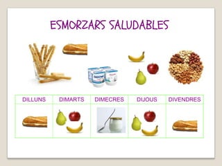 ESMORZARS SALUDABLES
DILLUNS DIMARTS DIMECRES DIJOUS DIVENDRES
 