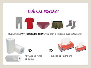 AFIA
ALICIA
QUÈ CAL PORTAR?
3X 2X
ROTLLES DE PAPER CAPSES DE MOCADORS
DE CUINA.
MUDA DE RECANVI (BOSSA DE ROBA).* Cal anar-la repostant quan la feu servir.
 