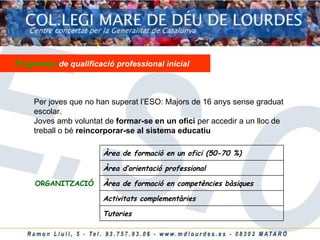 Programes  de qualificació professional inicial Per joves que no han superat l’ESO: Majors de 16 anys sense graduat escolar. Joves amb voluntat de  formar-se en un ofici  per accedir a un lloc de treball o bé  reincorporar-se al sistema educatiu Tutories Activitats complementàries Àrea de formació en competències bàsiques Àrea d’orientació professional Àrea de formació en un ofici (50-70 %) ORGANITZACIÓ 