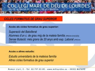 CICLES FORMATIUS DE GRAU SUPERIOR Accès als cicles formatius de grau superior: Superació del Batxillerat Alumnes d’un c. de grau mig de la mateia família  (PROVA D’ACCÈS) Sense titulació: més grans de 20 anys amb exp. Laboral  (PROVA D’ACCÈS) Accès a altres estudis: Estudis universitaris de la mateixa família Altres cicles formatius de grau superior  