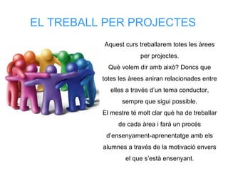 EL TREBALL PER PROJECTES
Aquest curs treballarem totes les àrees
per projectes.
Què volem dir amb això? Doncs que
totes les àrees aniran relacionades entre
elles a través d’un tema conductor,
sempre que sigui possible.
El mestre té molt clar què ha de treballar
de cada àrea i farà un procés
d’ensenyament-aprenentatge amb els
alumnes a través de la motivació envers
el que s’està ensenyant.
 