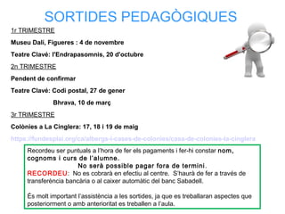 SORTIDES PEDAGÒGIQUES
Recordeu ser puntuals a l’hora de fer els pagaments i fer-hi constar nom,
cognoms i curs de l’alumne.
No serà possible pagar fora de termini.
RECORDEU: No es cobrarà en efectiu al centre. S’haurà de fer a través de
transferència bancària o al caixer automàtic del banc Sabadell.
És molt important l’assistència a les sortides, ja que es treballaran aspectes que
posteriorment o amb anterioritat es treballen a l’aula.
1r TRIMESTRE
Museu Dalí, Figueres : 4 de novembre
Teatre Clavé: l'Endrapasomnis, 20 d'octubre
2n TRIMESTRE
Pendent de confirmar
Teatre Clavé: Codi postal, 27 de gener
Bhrava, 10 de març
3r TRIMESTRE
Colònies a La Cinglera: 17, 18 i 19 de maig
https://fundesplai.org/ca/albergs-i-cases-de-colonies/casa-de-colonies-la-cinglera
 