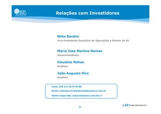 Relações com Investidores




    Milto Bardini
    Vice-Presidente Executivo de Operações e Diretor de RI



    Maria Ines Martins Ramos
    Superintendente


    Claudine Nahas
    Analista


    João Augusto Hira
    Analista


Fone: (55 11) 2173-9190

Email: relacoes.investidores@bicbanco.com.br

Visite nosso site: www.bicbanco.com.br/ri
                   www bicbanco com br/ri




                     39
 