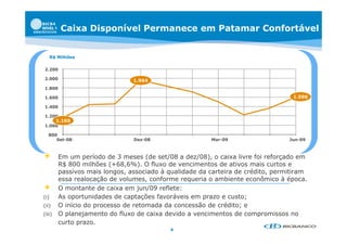 Caixa Disponível Permanece em Patamar Confortável


      R$ Milhões

2.200

2.000                           1.964
1.800

1.600                                                                              1.596

1.400

1.200
        1.165
1.000

  800
     Set-08                     Dez-08                   Mar-09                   Jun-09



        Em um período de 3 meses (de set/08 a dez/08), o caixa livre foi reforçado em
         R$ 800 milhões (+68,6%). O fluxo de vencimentos de ativos mais curtos e
         passivos mais longos, associado à qualidade da carteira de crédito, permitiram
         essa realocação de volumes, conforme requeria o ambiente econômico à época
                             volumes                                              época.
        O montante de caixa em jun/09 reflete:
(i)      As oportunidades de captações favoráveis em prazo e custo;
(ii)     O início do processo de retomada da concessão de crédito; e
(iii)    O planejamento do fluxo de caixa devido a vencimentos de compromissos no
         curto prazo.
                                            6
 