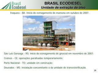 BRASIL ECODIESEL
                                 Unidade de extração de óleo
     Iraquara - BA: Início do esmagamento de mamona em outubro de 2007.




São Luis Gonzaga - RS: início do esmagamento de girassol em novembro de 2007;
Crateús - CE: operações paralisadas temporariamente;
Porto Nacional - TO: unidade em construção;
Dourados - MS: instalação concomitante à da unidade de transesterificação.
                                                                                26
 