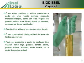 BIODIESEL
                                           O que é?

 É um éster, metílico ou etílico, produzido a
partir de uma reação química chamada
transesterificação, entre um óleo vegetal ou
gordura animal e um álcool, etanol ou metanol,
na presença de um catalisador;

Combustível utilizado em motores ciclo diesel;

 É um combustível biodegradável derivado de
fontes renováveis;

 Pode ser produzido a partir de qualquer óleo
vegetal, como soja, girassol, canola, palma,
pinhão manso, mamona, entre outros, ou a
partir de gordura animal.




                                                      3
 