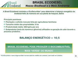 BRASIL ECODIESEL
                                    Nosso Biodiesel e o Meio Ambiente

   A Brasil Ecodiesel contratou a EcoSecurities* para determinar o balanço energético do
                biodiesel feito de mamona em sua planta de Iraquara, Bahia


    Principais premissas
      Plantação e colheita manuais feita por agricultores familiares
      Tamanho médio das propriedades: 6 ha
      Produtividade média: 600 kg/ha por ano
      Subprodutos (torta de mamona e glicerina) utilizados na geração de calor durante o
    processo produtivo


                           BALANÇO ENERGÉTICO = 10,5


          BRASIL ECODIESEL PODE PRODUZIR O BIOCOMBUSTÍVEL
                                  MAIS “VERDE” DO MUNDO

*EcoSecurities é uma empresa líder no mercado de créditos de carbono, com sede em Londres.   35
 