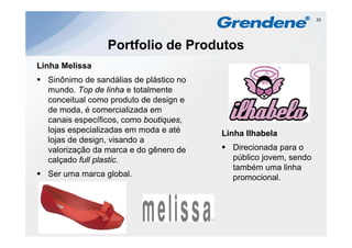 33




                 Portfolio de Produtos
Linha Melissa
  Sinônimo de sandálias de plástico no
  mundo. Top de linha e totalmente
  conceitual como produto de design e
  de moda, é comercializada em
  canais específicos, como boutiques,
            p                   q
  lojas especializadas em moda e até     Linha Ilhabela
  lojas de design, visando a
  valorização da marca e do gênero de      Direcionada para o
  calçado full plastic.                    público jovem, sendo
                                           também uma linha
  Ser uma marca global.                    p
                                           promocional.
 