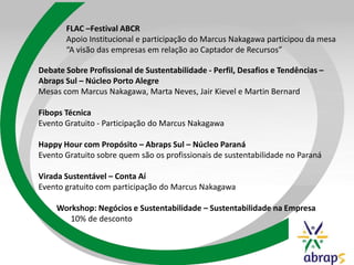 FLAC –Festival ABCR
Apoio Institucional e participação do Marcus Nakagawa participou da mesa
“A visão das empresas em relação ao Captador de Recursos”
Debate Sobre Profissional de Sustentabilidade - Perfil, Desafios e Tendências –
Abraps Sul – Núcleo Porto Alegre
Mesas com Marcus Nakagawa, Marta Neves, Jair Kievel e Martin Bernard
Fibops Técnica
Evento Gratuito - Participação do Marcus Nakagawa
Happy Hour com Propósito – Abraps Sul – Núcleo Paraná
Evento Gratuito sobre quem são os profissionais de sustentabilidade no Paraná
Virada Sustentável – Conta Aí
Evento gratuito com participação do Marcus Nakagawa
Workshop: Negócios e Sustentabilidade – Sustentabilidade na Empresa
10% de desconto
 