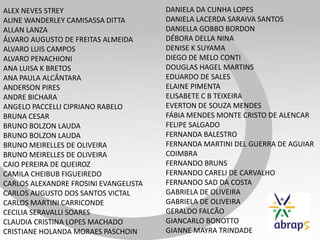 ALEX NEVES STREY
ALINE WANDERLEY CAMISASSA DITTA
ALLAN LANZA
ÁLVARO AUGUSTO DE FREITAS ALMEIDA
ALVARO LUIS CAMPOS
ALVARO PENACHIONI
ANA LUISA K BRETOS
ANA PAULA ALCÂNTARA
ANDERSON PIRES
ANDRE BICHARA
ANGELO PACCELLI CIPRIANO RABELO
BRUNA CESAR
BRUNO BOLZON LAUDA
BRUNO BOLZON LAUDA
BRUNO MEIRELLES DE OLIVEIRA
BRUNO MEIRELLES DE OLIVEIRA
CAIO PEREIRA DE QUEIROZ
CAMILA CHEIBUB FIGUEIREDO
CARLOS ALEXANDRE FROSINI EVANGELISTA
CARLOS AUGUSTO DOS SANTOS VICTAL
CARLOS MARTINI CARRICONDE
CECILIA SERAVALLI SOARES
CLAUDIA CRISTINA LOPES MACHADO
CRISTIANE HOLANDA MORAES PASCHOIN
DANIELA DA CUNHA LOPES
DANIELA LACERDA SARAIVA SANTOS
DANIELLA GOBBO BORDON
DÉBORA DELLA NINA
DENISE K SUYAMA
DIEGO DE MELO CONTI
DOUGLAS HAGEL MARTINS
EDUARDO DE SALES
ELAINE PIMENTA
ELISABETE C B TEIXEIRA
EVERTON DE SOUZA MENDES
FÁBIA MENDES MONTE CRISTO DE ALENCAR
FELIPE SALGADO
FERNANDA BALESTRO
FERNANDA MARTINI DEL GUERRA DE AGUIAR
COIMBRA
FERNANDO BRUNS
FERNANDO CARELI DE CARVALHO
FERNANDO SAD DA COSTA
GABRIELA DE OLIVEIRA
GABRIELA DE OLIVEIRA
GERALDO FALCÃO
GIANCARLO BONOTTO
GIANNE MAYRA TRINDADE
 