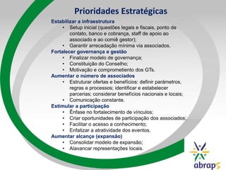 Prioridades Estratégicas
Estabilizar a infraestrutura
• Setup inicial (questões legais e fiscais, ponto de
contato, banco e cobrança, staff de apoio ao
associado e ao comiê gestor);
• Garantir arrecadação mínima via associados.
Fortalecer governança e gestão
• Finalizar modelo de governança;
• Constituição do Conselho;
• Motivação e comprometiento dos GTs.
Aumentar o número de associados
• Estruturar ofertas e benefícios: definir parámetros,
regras e processos; identificar e estabelecer
parcerias; considerar benefícios nacionais e locais;
• Comunicação constante.
Estimular a participação
• Ênfase no fortalecimento de vínculos;
• Criar oportunidades de participação dos associados;
• Facilitar o acesso a conhecimento;
• Enfatizar a atratividade dos eventos.
Aumentar alcançe (expansão)
• Consolidar modelo de expansão;
• Alavancar representações locais.
 