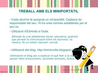 TREBALL AMB ELS MINIPORTÀTIL
- Cada alumne té assignat un míniportàtil. Cadascú és
responsable del seu. Hi ha unes normes establertes per el
seu ús.
- Utlització d'Edmodo a l'aula.
Edmodo és una plataforma social, educativa, gratuïta
que permet la comunicació entre els alumnes i la
mestra. És un entorn tancant i privat.

- Utilització del blog: http://minions5a.blogspot.com.es/
Utilitzarem el blog per a explicar el què fem a la classe,
penjar fotos d'excursions, activitats puntuals, festes...

 