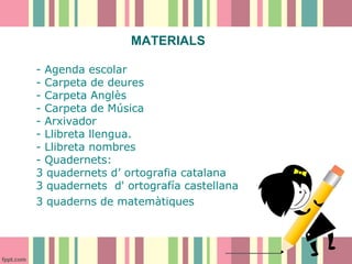 MATERIALS
- Agenda escolar
- Carpeta de deures
- Carpeta Anglès
- Carpeta de Música
- Arxivador
- Llibreta llengua.
- Llibreta nombres
- Quadernets:
3 quadernets d’ ortografia catalana
3 quadernets d' ortografía castellana
3 quaderns de matemàtiques

 