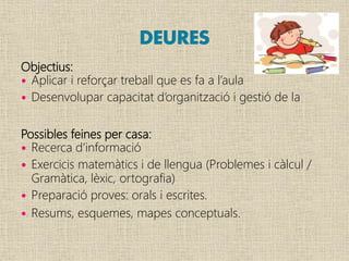 Objectius:
 Aplicar i reforçar treball que es fa a l’aula
 Desenvolupar capacitat d’organització i gestió de la
Possibles feines per casa:
 Recerca d’informació
 Exercicis matemàtics i de llengua (Problemes i càlcul /
Gramàtica, lèxic, ortografia)
 Preparació proves: orals i escrites.
 Resums, esquemes, mapes conceptuals.
 