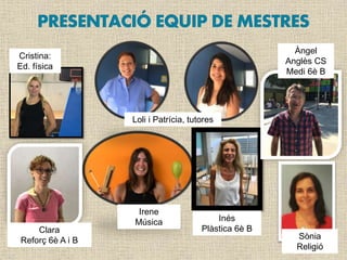 Àngel
Anglès CS
Medi 6è B
Loli i Patrícia, tutores
Inés
Plàstica 6è B
Irene
Música
Clara
Reforç 6è A i B
Cristina:
Ed. física
Sònia
Religió
 