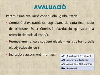 Partim d’una avaluació continuada i globalitzada.
 Comissió d’avaluació: un cop abans de cada finalització
de trimestre. És la Comissió d’avaluació qui valora la
retenció de cada alumne/a.
 Promocionen al curs següent els alumnes que han assolit
els objectius del curs.
 Indicadors assoliment informes: AE : Assoliment Excel·lent
AN: Assoliment Notable
AS: Assoliment Satisfactori
NA: No assolit
 