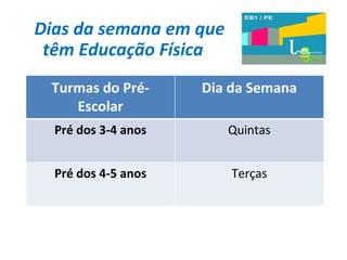 Dias da semana em que têm Educação Física Turmas do Pré-Escolar Dia da Semana Pré dos 3-4 anos Quintas Pré dos 4-5 anos Terças 