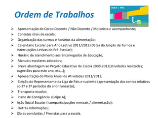 Apresentação do Corpo Docente / Não Docente / Motorista e acompanhante; Contatos úteis da escola; Organização das turmas e horários da alimentação; Calendário Escolar para Ano Lectivo 2011/2012 (Datas da Junção de Turnos e Interrupções Letivas do Pré-Escolar); Horário de atendimento aos Encarregados de Educação; Manuais escolares adotados; Breve abordagem ao Projeto Educativo de Escola 2008-2012(atividades realizadas; sugestões para este ano, etc...); Apresentação do Plano Anual de Atividades 2011/2012; Eleição do Representante da Liga de Pais e suplente (apresentação das contas relativas ao 2º e 3º períodos do ano transacto); Transporte escolar; Plano de Contigência  (Gripe A); Ação Social Escolar ( comparticipações mensais / alimentação); Outras informações; Obras concluidas / Previstas para a escola. Ordem de Trabalhos 
