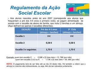 Regulamento da Ação Social Escolar -  Aos alunos nascidos antes do ano 2007 (corresponde aos alunos que frequentam a pré dos 4-5 anos e primeiro ciclo), só pagam alimentação  de acordo com o escalão de abono de familia, que inclui 2 lanches e um almoço. (Aqui definem-se apenas 3 escalões diferentes). Exemplo:  quem tem escalão 2  –  0,58€ x 22 dias úteis = 12, 76€ (por mês) quem tem escalão 3,4,5 ou 6  –  1,73€ x 22 dias úteis = 38, 06€ (por mês) NOTA:  O pagamento terá de ser feito até ao dia 23 deste mês. Há também a referir que o almoço e o lanche são indissociáveis, ou seja, têm de ser cobrados juntamente.  ESCALÃO Pré dos 4-5 anos (almoço + lanches) 1º  Ciclo (almoço + lanches) Escalão 1 0 € 0 € Escalão 2 0,58 € 0,58 € Escalão 3 e seguintes 1,73 € 1,73 € 