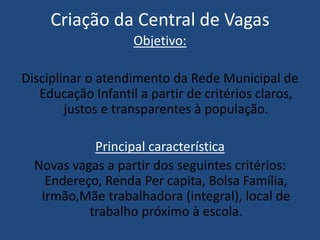 Criação da Central de Vagas
Objetivo:
Disciplinar o atendimento da Rede Municipal de
Educação Infantil a partir de critérios claros,
justos e transparentes à população.

Principal característica
Novas vagas a partir dos seguintes critérios:
Endereço, Renda Per capita, Bolsa Família,
Irmão,Mãe trabalhadora (integral), local de
trabalho próximo à escola.

 