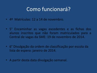 Como funcionará?
• 4º Matrículas: 12 a 14 de novembro.
• 5° Encaminhar as vagas excedentes e as fichas dos
alunos inscritos que não foram matriculados para a
Central de vagas da SME: 19 de novembro de 2014.

• 6° Divulgação da ordem de classificação por escola da
lista de espera: janeiro de 2014.
• A partir desta data divulgação semanal.

 