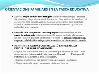 ORIENTACIONS FAMILIARS EN LA TASCA EDUCATIVA
 Aquesta etapa és molt més tranquil la· emocionalment que l’anterior
(la infantesa) i la posterior (l’adolescència). El canvi físic és més lent i el
caràcter és més estable. Augmenta en gran mesura la seva memòria i
capacitat de raonament. Cal donar-los molta informació i parlar molt
amb ells i amb realisme.
 L'escola i els companys i les companyes es converteixen en els
punts de referència més importants. En aquest període, els mestres
ajuden l'infant a guanyar autonomia. Tot i això, la família continua tenint
un paper cabdal a l'hora de proporcionar-li un ambient afectiu i estable.
 IMPORTANT: UNA BONA COMUNICACIÓ ENTRE FAMÍLIA-
ESCOLA. CARTA DE COMPROMÍS:
- Seguir una coherència entre ambdós farà que el nen/a es senti més
segur. Aquest intercanvi d’informació millorarà l’adequació i
l’eficàcia dels estímuls que els enviem.
- Sempre que tingueu cap dubte veniu a preguntar i parlarem.
- Els pares només supervisen no els hi donem deures.
 