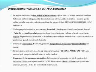ORIENTACIONS FAMILIARS EN LA TASCA EDUCATIVA
 És bo que disposen d'un lloc adequat per a l'estudi i que el pare i la mare li ensenyen uns bons
hàbits: un ambient adequat, aïllat de sorolls (sense televisió, ràdio ni telèfon) i assumir que és
millor treballar una mica cada dia que deixar-ho tot per al final. PENJAR L’HORARI EN EL LLOC
D’ESTUDI.
 Vetllar perquè s’estableixin unes rutines de treball i de descans. Establir uns horaris d’estudi. .
 Cada dia revisar l’agenda i preguntar-li què tenen de deures. Utilitzar el sentit comú i anar
vigilant: la presentació, les errades, la mala lletra, revisar el que han treballat a classe i aconsellar-li,
però deixar que els exercicis els facis ells.
 Potenciar l’autonomia, L’ESFORÇ personal, l’organització dels deures i responsabilitat del
nen/a.
 Si veieu que no entén res o no ho sap fer posar a l’agenda “ EL NEN/A NO HO SAP FER”, així
veurem què ha après, si té dificultats, o no ha escoltat...
 Preguntar-li els temes que s’estudien. És important el vostre ajut per tal de motivar-lo i
incentivar l’esforç que suposa fer CONTROLS. Utilitzar una llibreta d’estudi que poden refer
exercicis, resums... El dia del control se’ls hi demanarà.
 