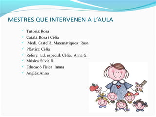 MESTRES QUE INTERVENEN A L’AULA
 Tutoria: Rosa
 Català: Rosa i Cèlia
 Medi, Castellà, Matemàtiques : Rosa
 Plàstica: Cèlia
 Reforç i Ed. especial: Cèlia, Anna G.
 Música: Sílvia R.
 Educació Física: Imma
 Anglès: Anna
 