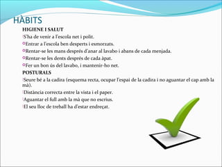 HÀBITS
HIGIENE I SALUT
S’ha de venir a l’escola net i polit.
Entrar a l’escola ben desperts i esmorzats.
Rentar-se les mans després d’anar al lavabo i abans de cada menjada.
Rentar-se les dents després de cada àpat.
Fer un bon ús del lavabo, i mantenir-ho net.
POSTURALS
Seure bé a la cadira (esquema recta, ocupar l’espai de la cadira i no aguantar el cap amb la
mà).
Distància correcta entre la vista i el paper.
Aguantar el full amb la mà que no escrius.
El seu lloc de treball ha d’estar endreçat.
 