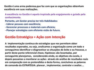 Gestão é uma arma poderosa,que faz com que as organizações obtenham
excelência em suas realizações.
Portanto, um Gestor precisa ter três Habilidades:
- Liderar pessoas com excelência;
- Gerenciar processos e materiais com eficácia;
- Planejar estratégias com eficiente visão de futuro.
Gestão Estratégica = Ação com Intenção
A implementação contínua de estratégias que nos permitem obter
resultados esperados, ou seja, analisamos a organização como um todo e
conseguimos identificar e diagnosticar as situações de êxito e ou fracasso, a
partir deste ponto referencial chave, hipóteses são levantadas, por
conseguinte planejamos, considerando ainda, os objetivos da escola, e
depois passamos a monitorar as ações através de análise de resultados reais
em comparação com os pretendidos e desta forma, concluímos as palavras
de comando da ESTRATÉGIA: planear , implementar, controlar e avaliar....
A excelência na Gestão é aquela inspirada pelo engajamento e guiada pelo
conhecimento.
 